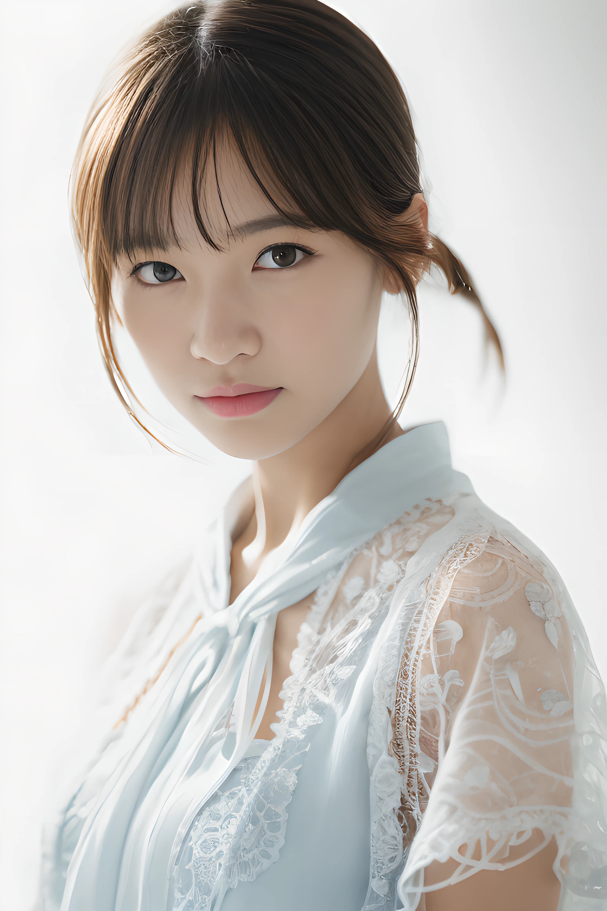 dressed, (photorealistic: 1.4), (hyperrealistic: 1.4), (realistic: 1.3), (smooth lighting: 1.05), (cinematic lighting quality improvement: 0.9), 32K, 1 girl, Japan woman, realistic lighting, backlit, face lights, ray tracking, (bright light: 1.2), (quality improvement: 1.4), ( Top quality realistic textured skin: 1.4), fine detailed eyes, detailed face, fine quality eyes, brown eyes, (tired, sleepy and satisfied: 0.0), blue floral white silk blouse with ruffles and lace, thin string ribbon tie, dark brown hair, short cropped bangs hanging on the forehead, small flower headband, one adult woman with a faint smile, (white background)