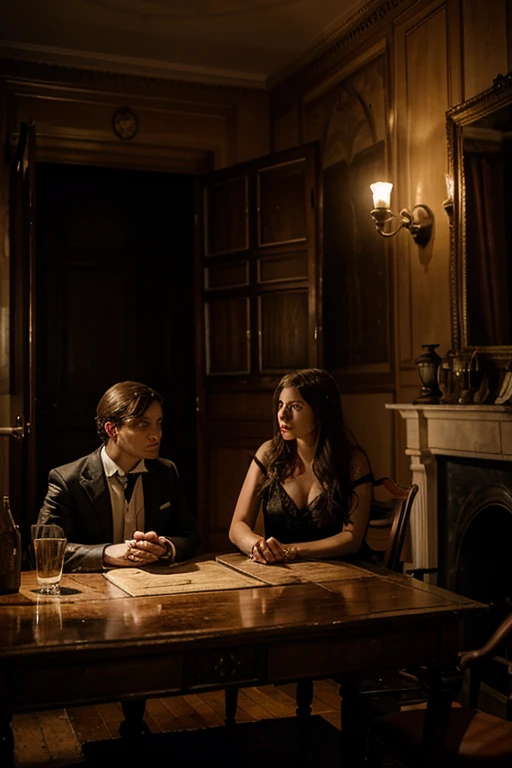 Maria and David, look horrified. The room has an old-world charm with antique furniture, but the atmosphere is tense and eerie.