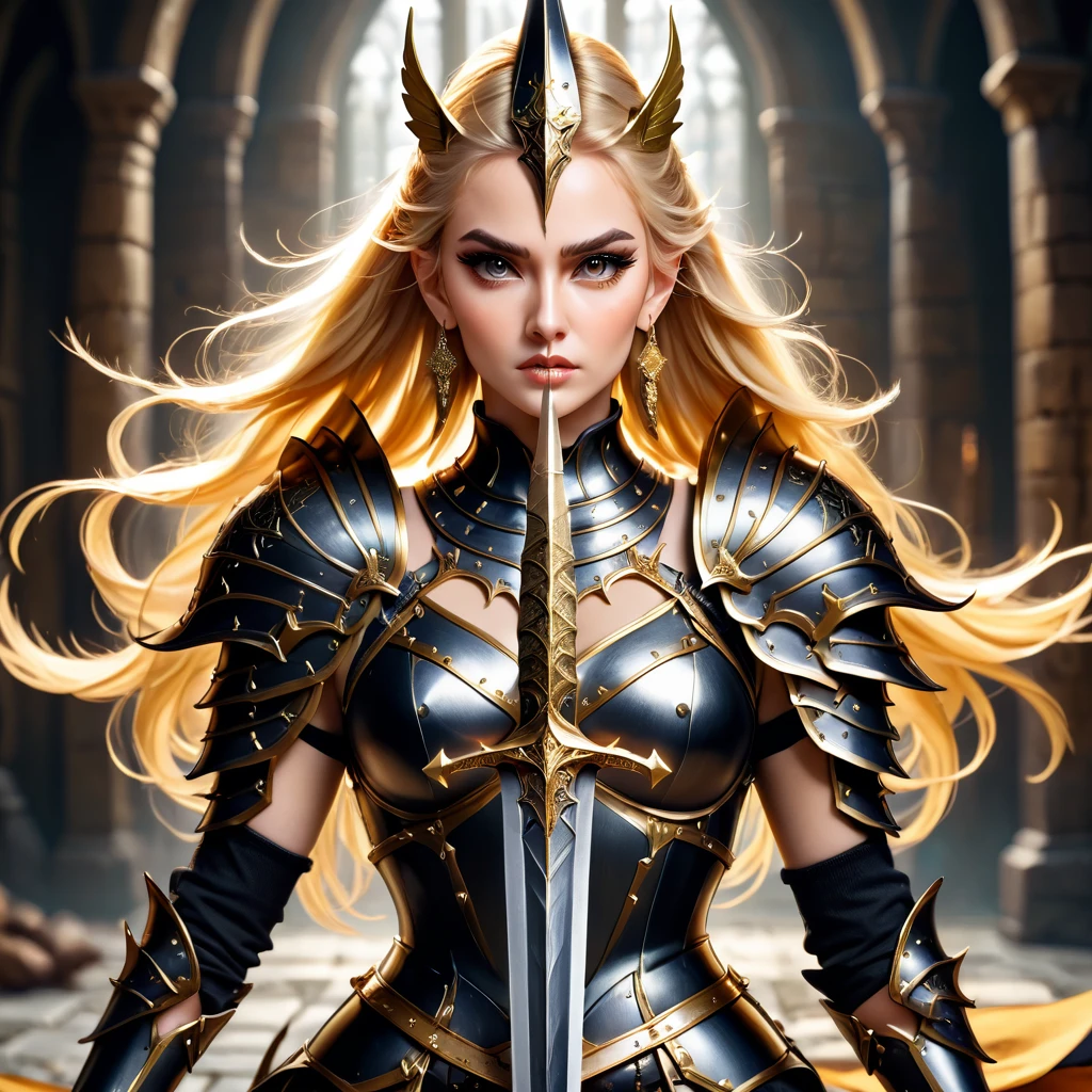 Beautiful Blonde Girl and with Long Golden Sharped Sword with a Beautiful Blonde Long Ponytail Hair wearing a Winged Helm and wearing a Witch Chestplate Armor with Jewelry Earrings with gloves with Makeup with the Best Quality with High Details with Textured Skin as a Masterpiece in a High Resolution in 8K Quality, proud pose with long golden sharped sword with her two hands, fierce expression, swordup with Darkness Background