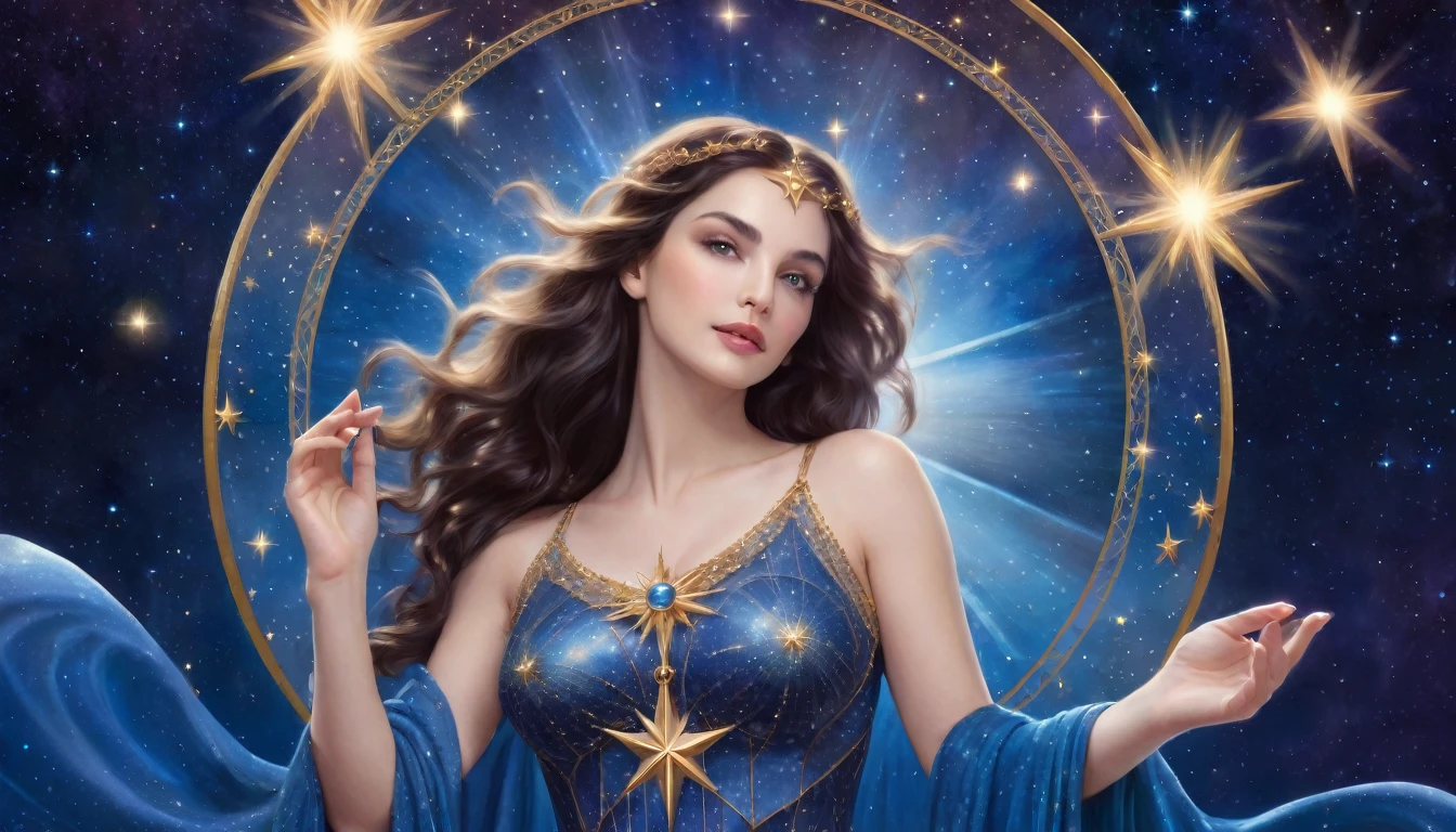 Within the frame of a tarot card depicting the star, a beautiful woman stands. She holds a radiant celestial body in her right hand and wears a dazzling, sexy blue dress. The background is filled with twinkling stars, creating a fantastical and mystical atmosphere."