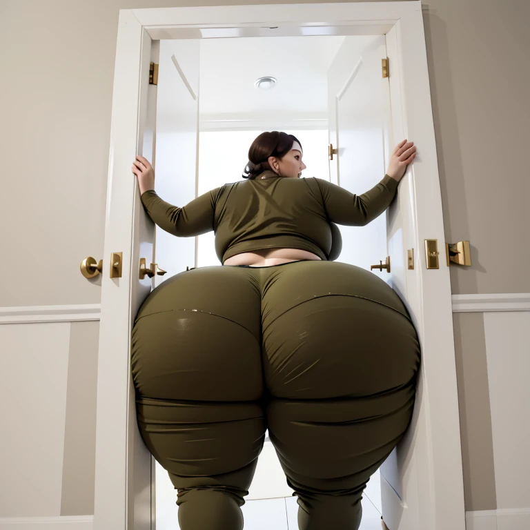 masterpiece, 1 british girl behind a doorway, from behind, (doorstuck, stuckback:1.3), ssbbw ,huge wide hips, round belly, thick thighs, giant butt,colorful clothing, wearing a olive green pirate costume with pants, upset, desperately trying to wiggle through, she tries to free herself but she won't budge, she is stuck tight view from above, she is too wide, the doorway is quite narrow too, she kicks her legs furiously, trying to wiggle her hips through the small door, but its no good, the door is too small, she keeps trying to squeeze through with frustration, she is stuck too tight