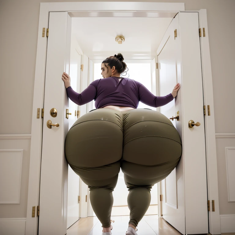 masterpiece, 1 british girl behind a doorway, from behind, (doorstuck, stuckback:1.3), ssbbw ,huge wide hips, round belly, thick thighs, giant butt,colorful clothing, wearing a olive green pirate costume with pants, upset, desperately trying to wiggle through, she tries to free herself but she won't budge, she is stuck tight view from above, she is too wide, the doorway is quite narrow too, she kicks her legs furiously, trying to wiggle her hips through the small door, but its no good, the door is too small, she keeps trying to squeeze through with frustration, she is stuck too tight