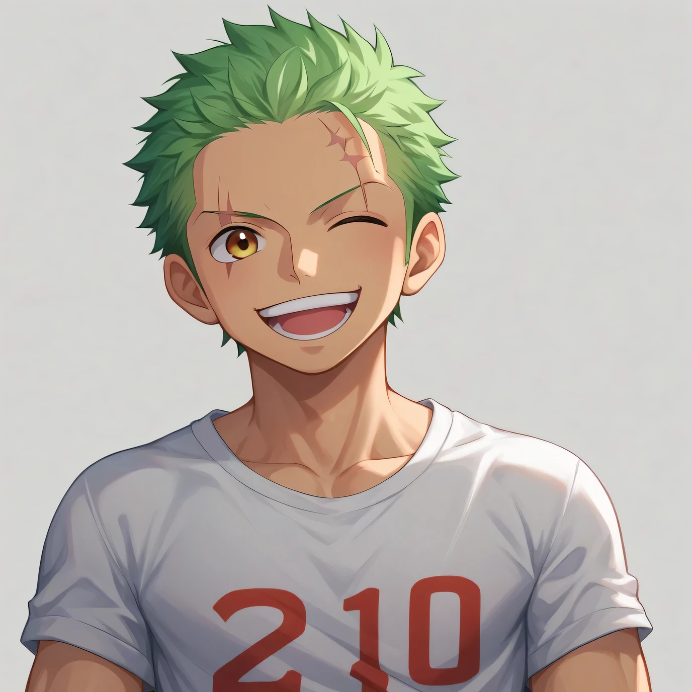 score_9, score_8_up, score_7_up, source_anime, 1boy, one piece, zoro, green hair, scar over left eye, 10 year old zoro, ???, young, , funny, cute, one person only PIC , selfi, profile pic, front view, zoro as ??? version, he is smiling funny look, happy boy, front view mode, mouth open laughing, no ornnament in body, so cute.. He is playing video game, wearing t shirt without no print or label, playing video game position