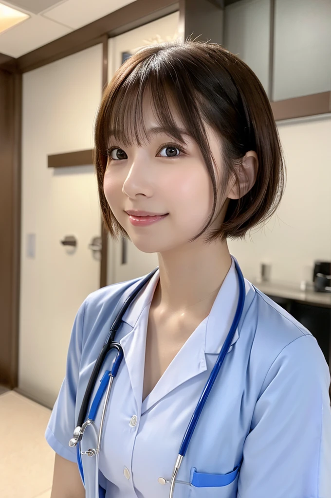 Japanese、8k、Ultra Detail、Photorealistic、Realistic and accurate depiction、Realistic and accurate human anatomy、High resolution、Highest quality、Perfect cuteness、((Highest quality, 8k, masterpiece: 1.3)), girl, Slim Beauty, Delicate hair, Detailed eyes, double eyelid, Cute smile, (cute), Soft Skin, Body Full Body, Ultra-realistic, Patient room details, (cute Short-haired Female Doctor Coming for Detailed Rounds), ( Female doctorの制服の詳細), Looking up、Female doctor、nurse