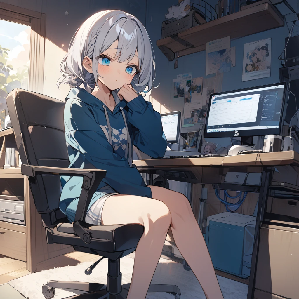 One woman、Silver Hair、Short Hair、Braided hairstyle、White eyelashes、Azure Eyes、Slanted Eyes、front、Wearing a hoodie、Room with a computer、Sit on a chair、