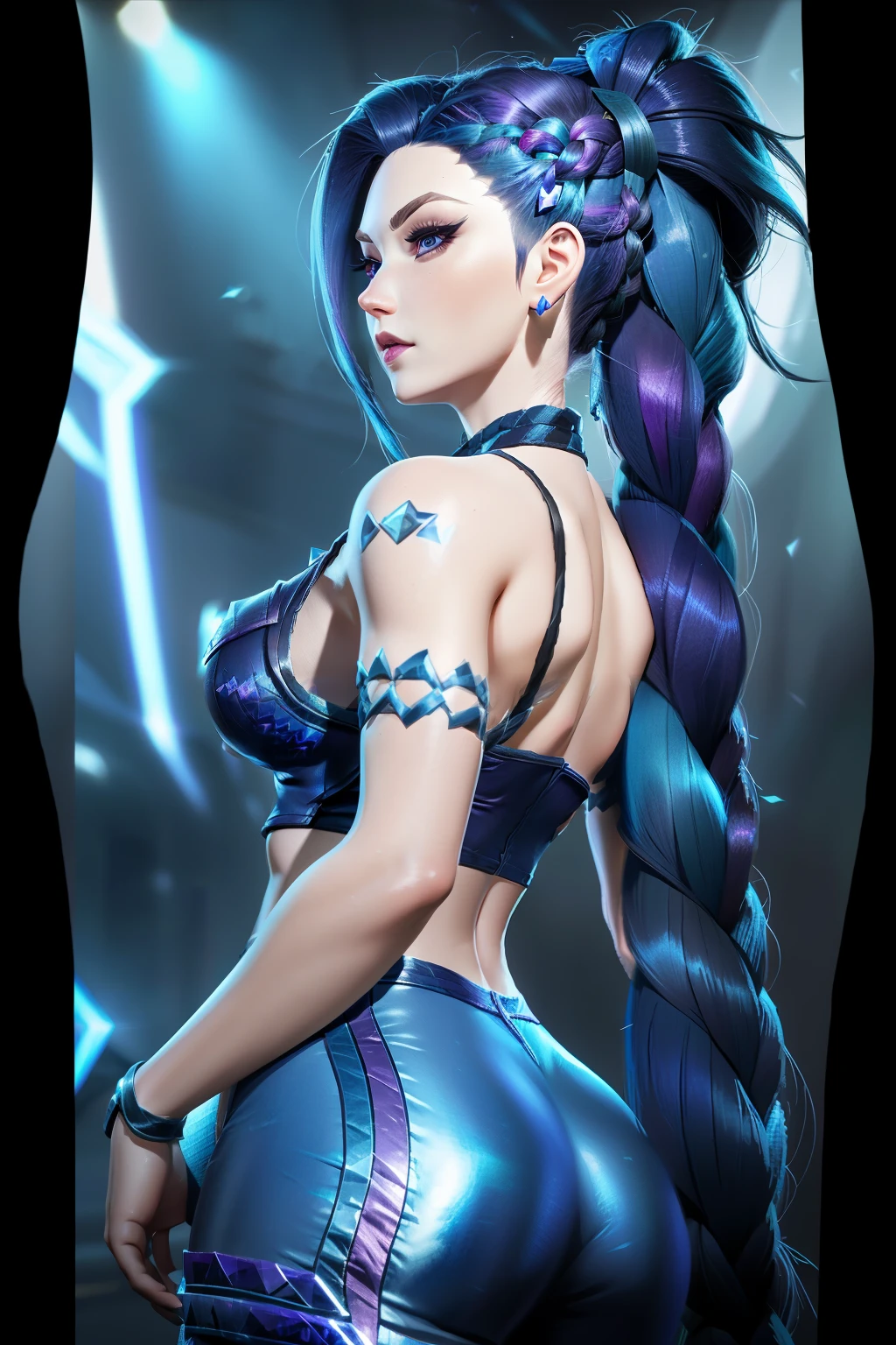 kaisa league of legends, cabelo ruivo, cabelo super longo, olhos azuis, bunda grande., braid, wide shot, UHD, high quality, high details, best quality, highres, 8k