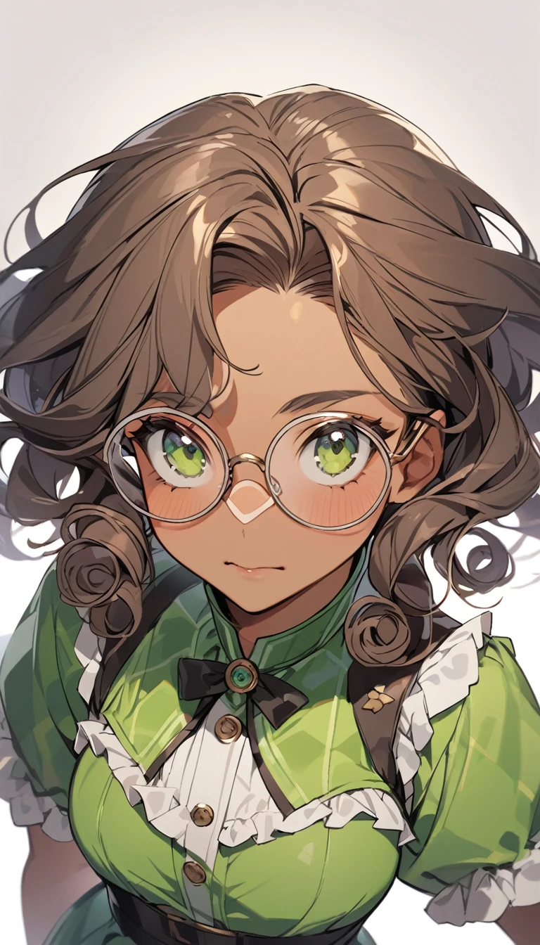  of round glasses, green dress, curly brown hair, Caucasian skin, fine nose