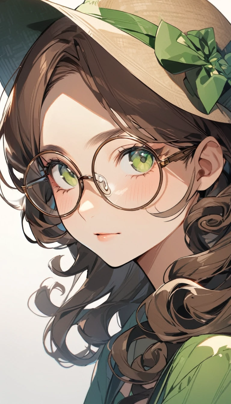 of round glasses, green dress, curly brown hair, Caucasian skin, fine nose