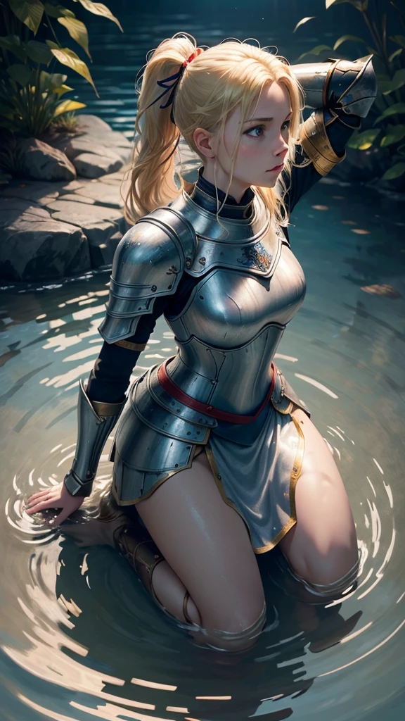 a female knight kneeling in shallow water, water ripples around her, arms raised with open hands, looking up, blonde hair in ponytail with red ribbon, blue eyes, detailed portrait, photorealistic, 8k, hyper detailed, intricate, elegant, cinematic lighting, dramatic, fantasy, epic, masterpiece