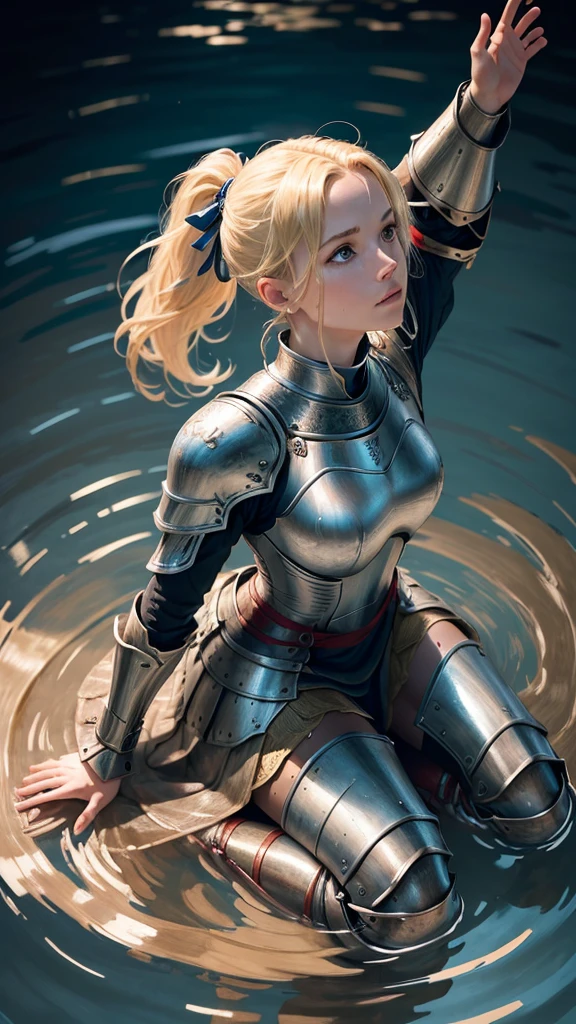 a female knight kneeling in shallow water, water ripples around her, arms raised with open hands, looking up, blonde hair in ponytail with red ribbon, blue eyes, detailed portrait, photorealistic, 8k, hyper detailed, intricate, elegant, cinematic lighting, dramatic, fantasy, epic, masterpiece