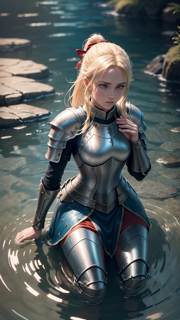 a female knight kneeling in shallow water, water ripples around her, arms raised with open hands, looking up, blonde hair in ponytail with red ribbon, blue eyes, detailed portrait, photorealistic, 8k, hyper detailed, intricate, elegant, cinematic lighting, dramatic, fantasy, epic, masterpiece