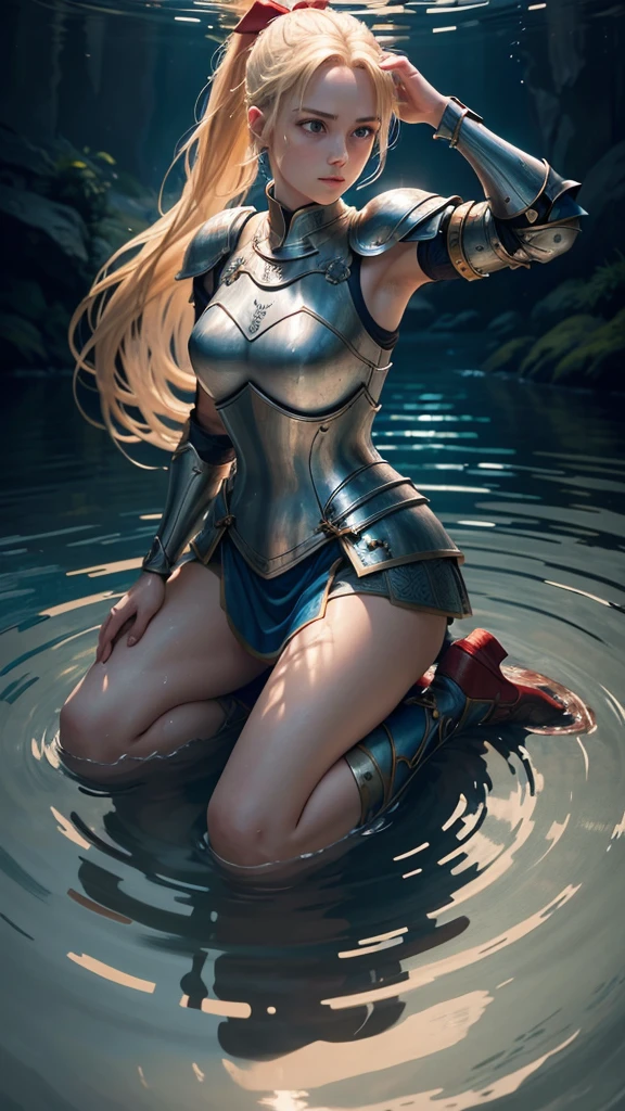 a female knight kneeling in shallow water, water ripples around her, arms raised with open hands, looking up, blonde hair in ponytail with red ribbon, blue eyes, detailed portrait, photorealistic, 8k, hyper detailed, intricate, elegant, cinematic lighting, dramatic, fantasy, epic, masterpiece