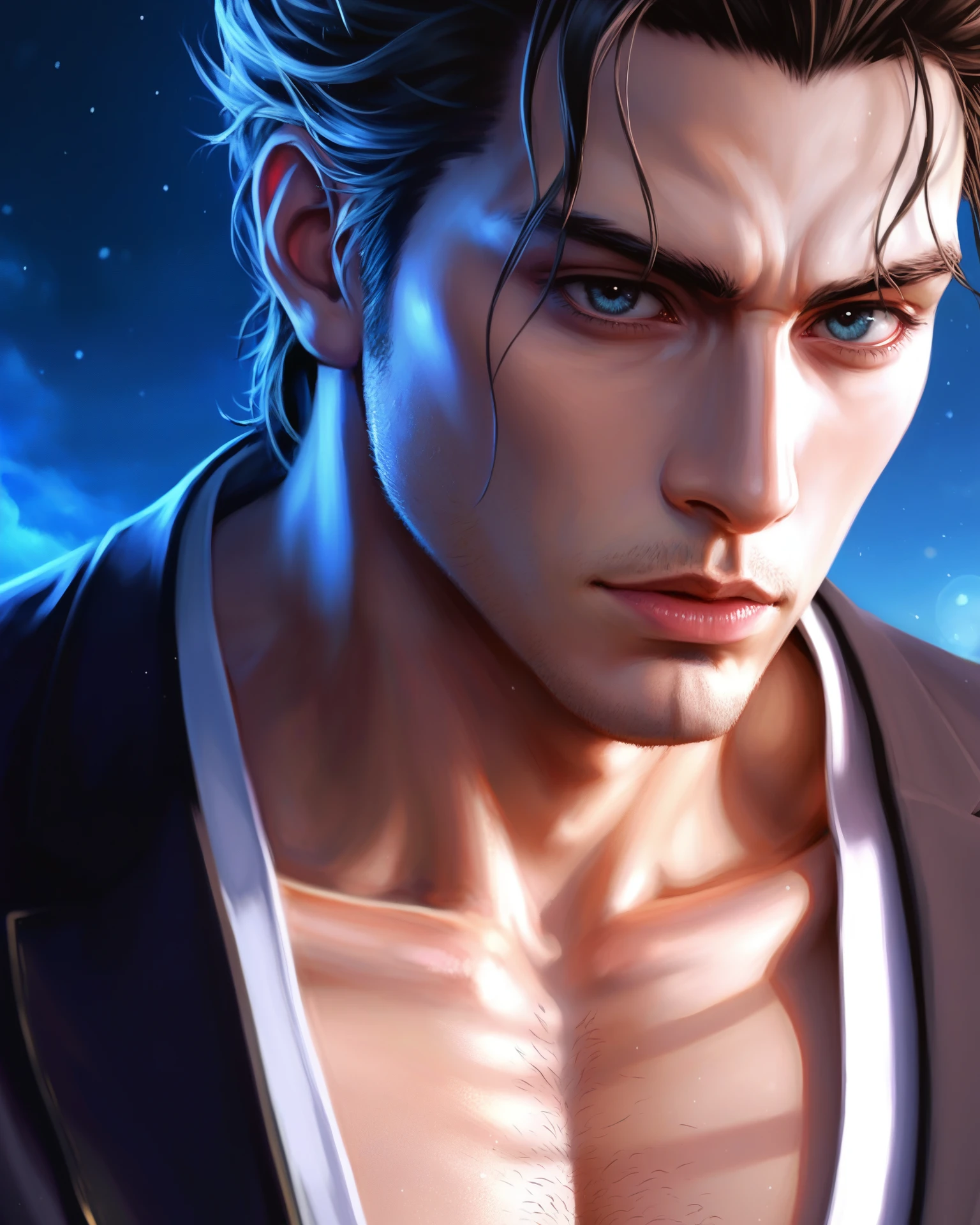 (zPDXL2), score_9, score_8_above, realistic, handsome man, chest showing, body hair, artwork, best quality, high resolution, close-up portrait, bad, greek god, fantasy, league of legends style, beautiful figure painting, bright light, amazing composition, front view, HDR, volumetric lighting, ultra quality, elegant, highly detailed, Glamour Shots_PDXL