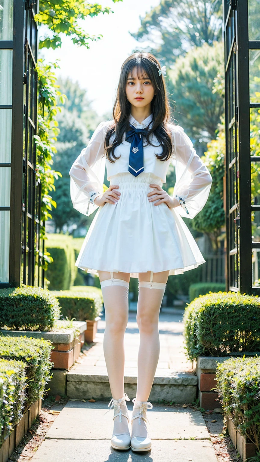 (8k、RAW Photos、Highest quality、masterpiece:1.2)、(Realistic、Realistic)、1 girl、((White Mini Skirt、Light blue dress、See-through、Frilledium Hair、Pretty Cure Costume、See through、tights、ribbon、boots、Accentuate your breasts、whole body、garden、View from the front、Looking into the camera、Stand with hands on hips))、