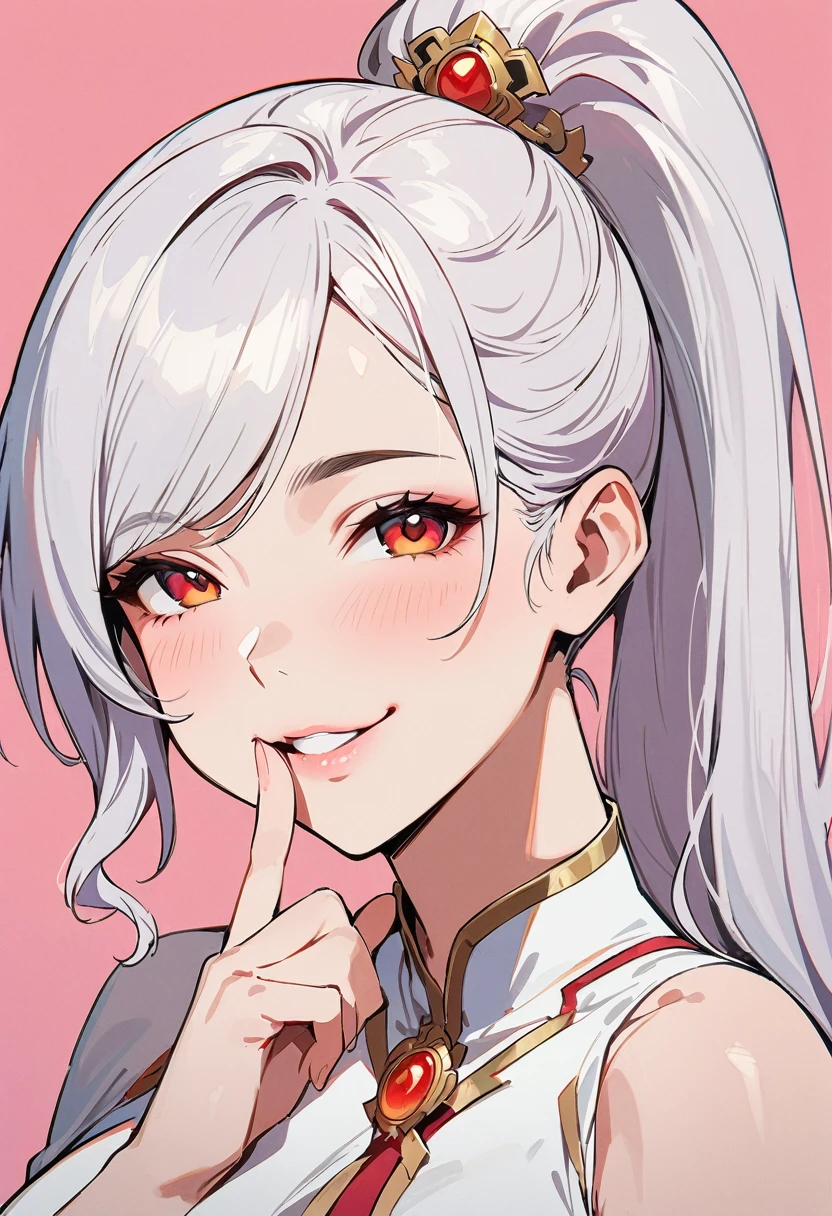 (masterpiece, best quality:1.4), 1 girl, 独奏, Anime style, Red pupil, Blurred eyes, Smile, Slightly look up, Pink lower lip, Left index finger touching face, Silver asymmetrical hairstyle, Long bangs on one side, High ponytail royal sister, Huge breasts, Dress dress, Vision, Pink background.