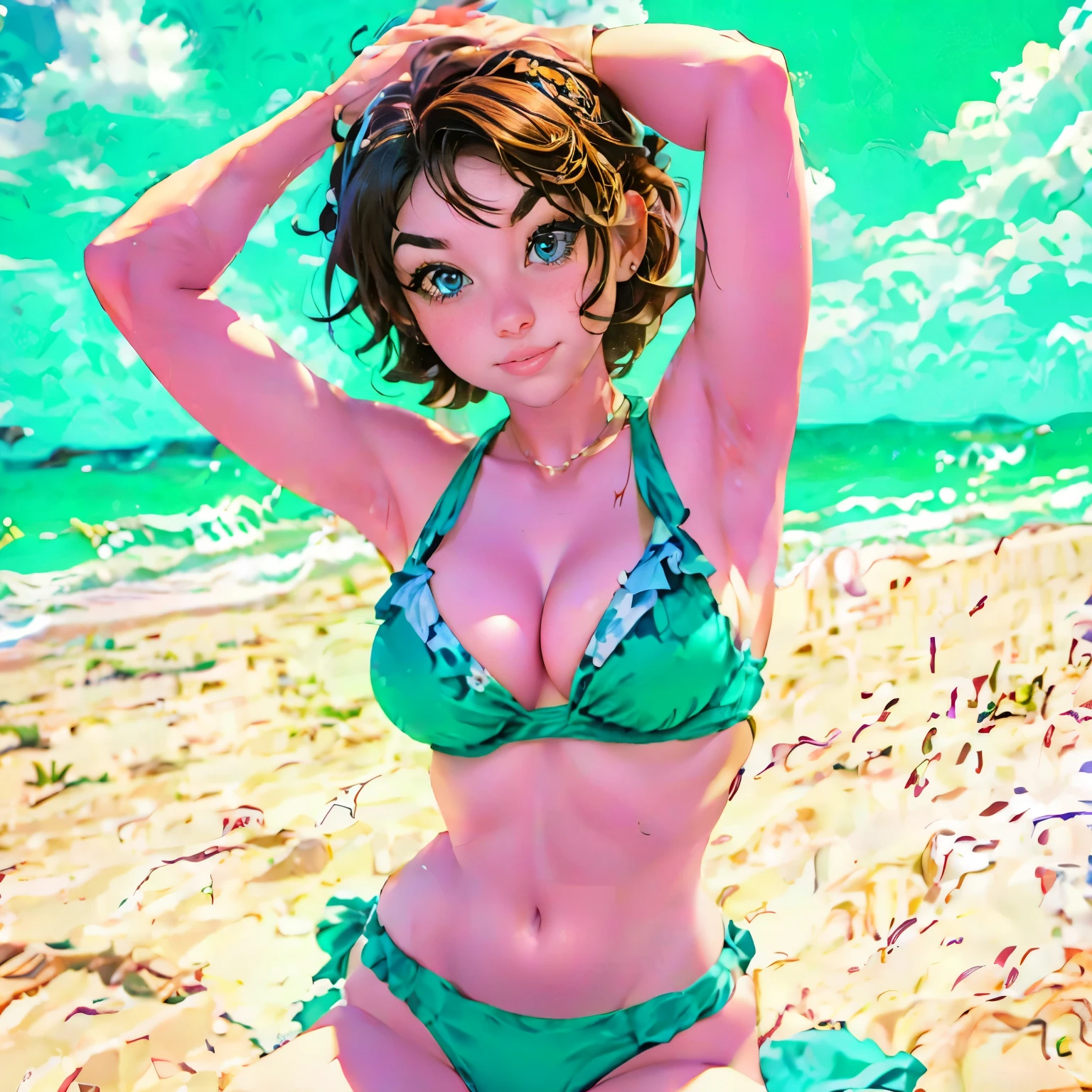 1girl, Maypokemon, blue bandana, brown hair, short hair, blue eyes, posing in a blue bikini with her arms up, breasts, cleavage, thighs, beach, 