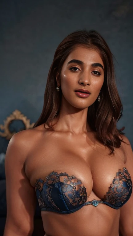 close-up body portrait, showing navel and midriff, (bedroom photoshoot), ((best quality)), masterpiece, 8k wallpaper, nikon, cinematic lighting, medium hair, ((blue iris)), (photorealistic:1.4), (pooja hegde), (as model), (deep cleavage),lace lingerie, black hair, full body , cool temperature,pooja hegde