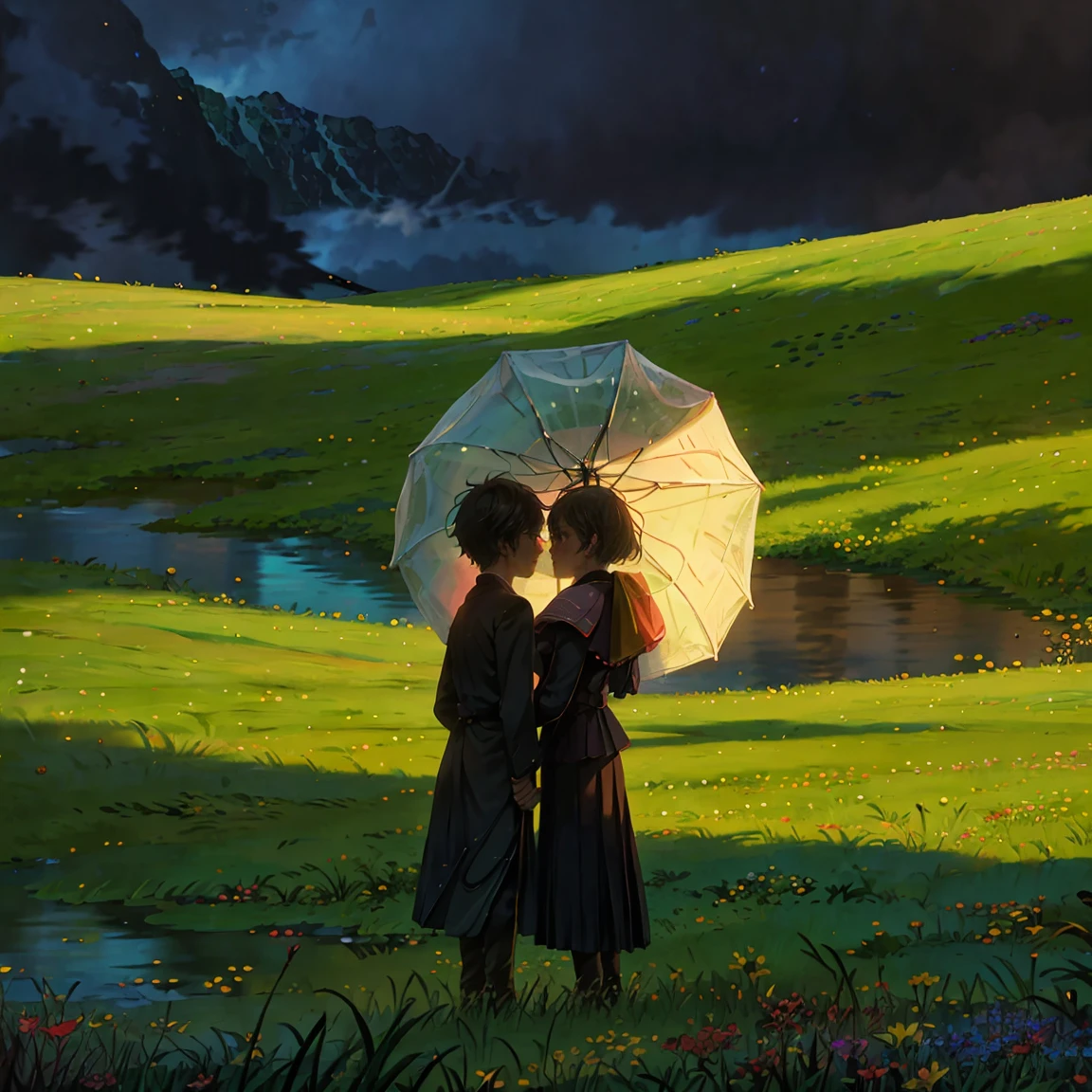 A romantic couple standing together on a grassy plain, holding a red umbrella. The man and woman embrace each other tenderly, looking into each other's eyes with love and affection. The scene is set against a backdrop of a vast open landscape, with a beautifully clouded sky above. The lush green grass in the foreground stretches out, providing a soft and natural base for the scene. The image has a slightly painterly effect, with the colors appearing vibrant and soft, reminiscent of an anime or watercolor painting. The overall atmosphere is serene and romantic, capturing a tender moment between the couple. The focus is on the couple, with the background slightly blurred, adding depth to the composition. The photograph is taken from a wide perspective, making the couple appear far away, and capturing a broad view of the sky and landscape. This wide-angle approach emphasizes the expansive beauty of the surroundings, highlighting the vast, cloud-filled sky and the rolling grassy fields, enhancing the dreamy and romantic ambiance of the scene