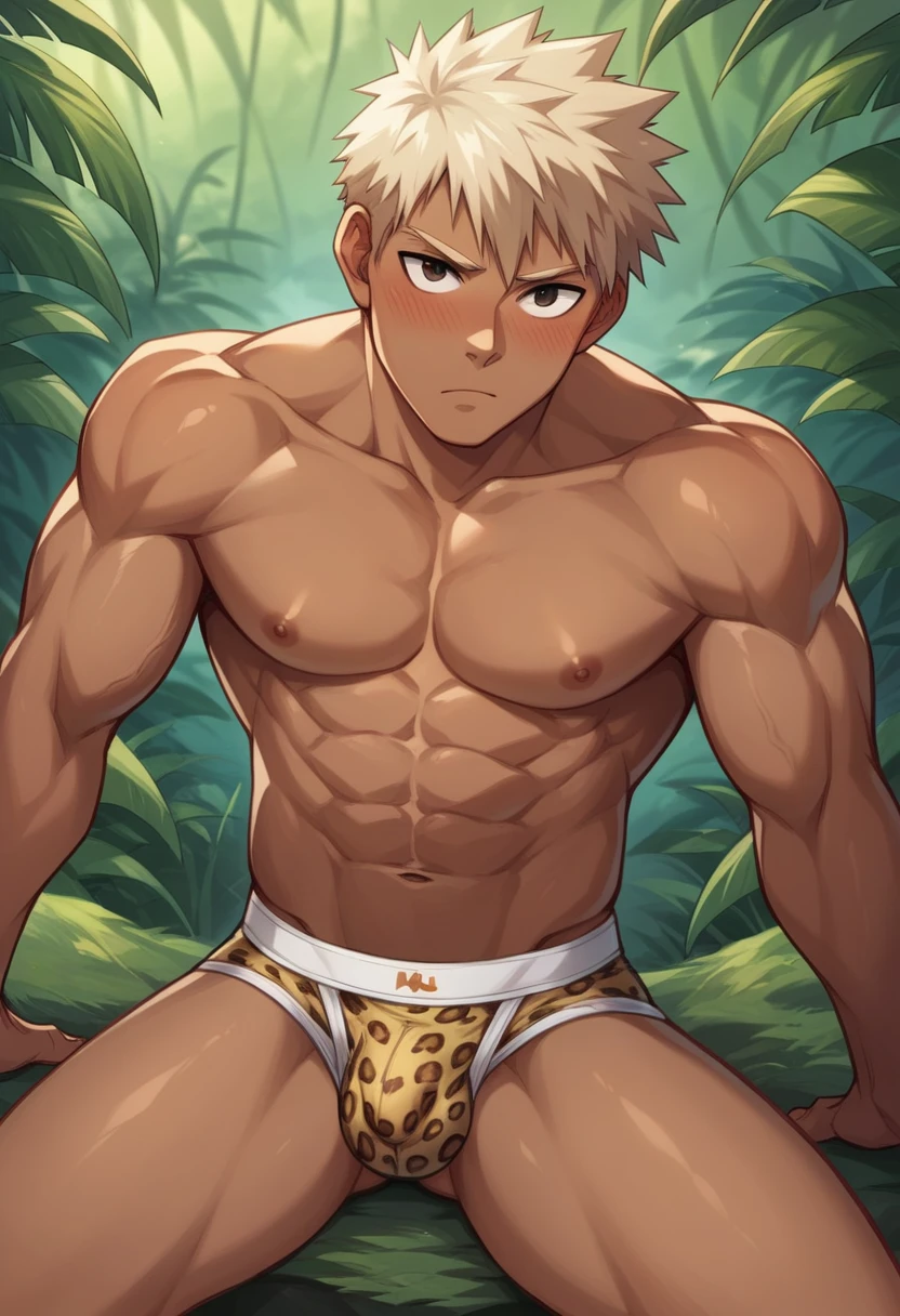 Nfsw, Wild young man, Katsuki bakugo, a man in triangle underwear with leopard print, muscular body, dark skin, natural eyes, shorth hair, big legs, Sexy Mann, look up at the viewer, Blush, Big ledges, Bulge, Landscape of a jungle, ​masterpiece, best quality, fuck in the mouth,