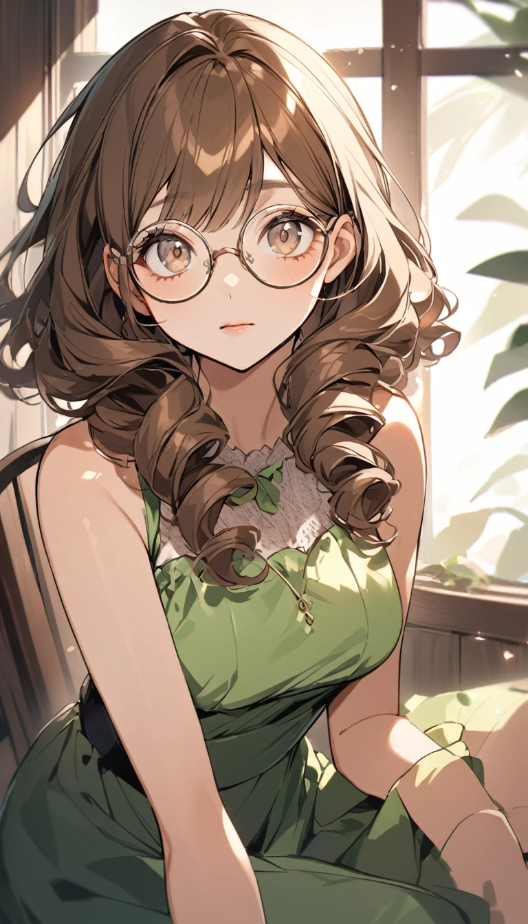  of round glasses, green dress, curly brown hair, Caucasian skin, fine nose, light brown eyes