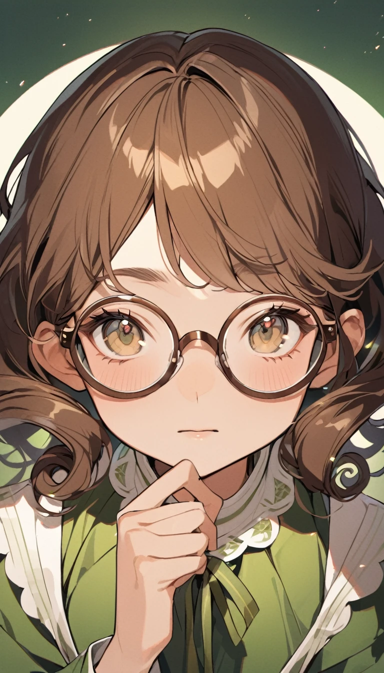  of round glasses, green dress, curly brown hair, Caucasian skin, fine nose, light brown eyes