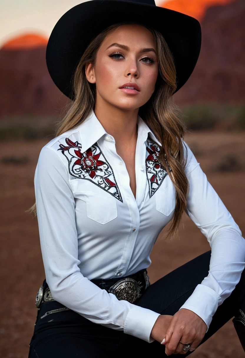 beautiful, masterpiece, Best Quality, extremely detailed face, perfect lighting, 1 girl, Alone, giovannams, cowboy shot, White shirt, Black pants, Session, open legs