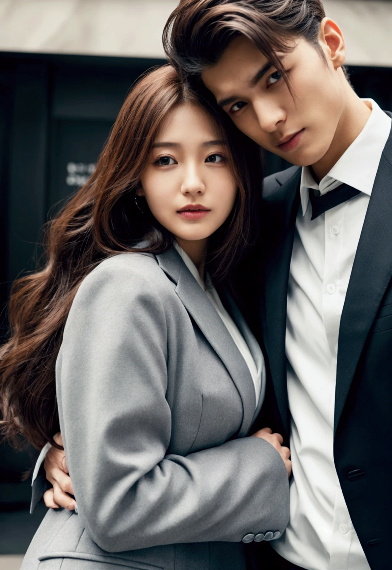 Cute girl hugging imposing man in suit with long hair