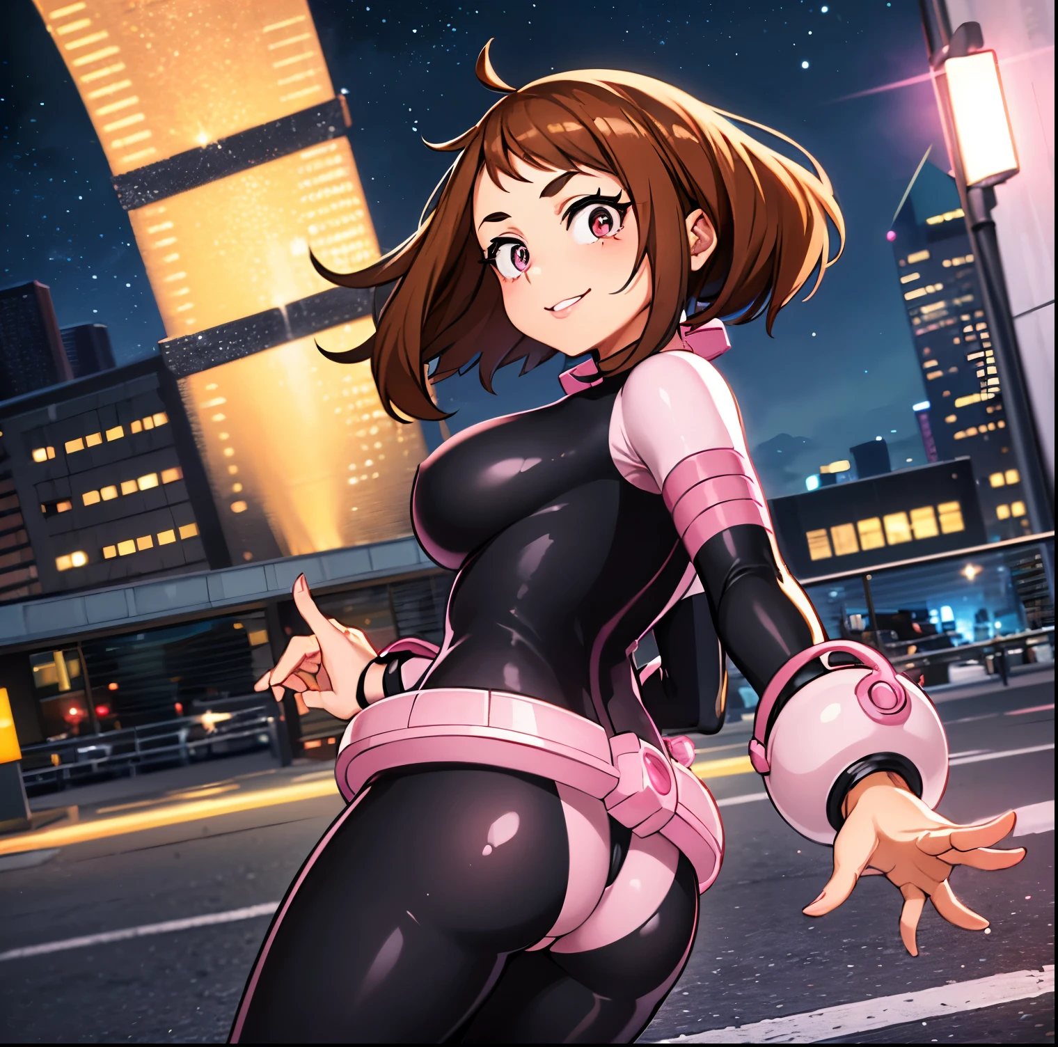 ((1girl)),((alone)),ochako uraraka,(masterpiece), (best quality), (ultra detailed), (best illustration), (best shadow), (absurdities), sharp focus, cowboy shot , dynamic posture looking at the viewer, big breasts, narrow waist, wide hips, wide thighs, round butt, erotic, romantic, (very detailed eyes, lips 1.1), very detailed eyes, eyes, Very detailed face, Very beautiful face, height full, beautiful slim figure, femininity, expressive appearance, elastic big breasts, sexuality, brown eyes, bright lips, brown hair, medium hair, shiny skin,((superhero costume)),(((pink and black bodysuit, tight bodysuit ))), Pink protector, Pink boots, pink wristbands, defined body, Perfect and beautiful body, perfect and beautiful, closed mouth, smile, happy smile, blushing, (sexy pose: 1.2), ((solo)), standing: 1.3, exterior, cityscape, streets, city, night, dark city, city lights, looking back, from behind, ((focus on ass)), point of view: (from middle), perfect anatomy, hands perfect