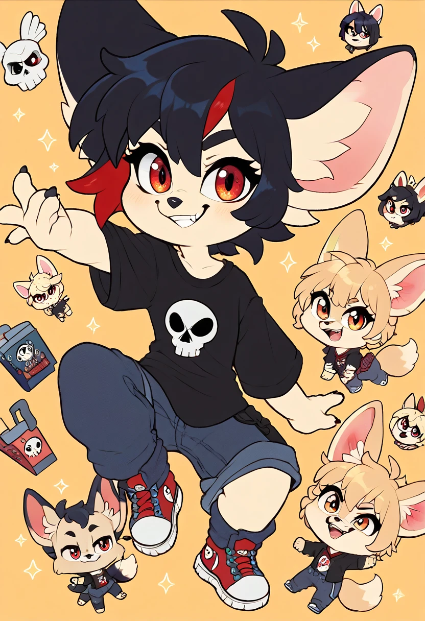 Fennec fox, cute girl fox, , chibi, short hair, black hair with red highlights, red eyes, black shirt with a white skull, smirk, alone