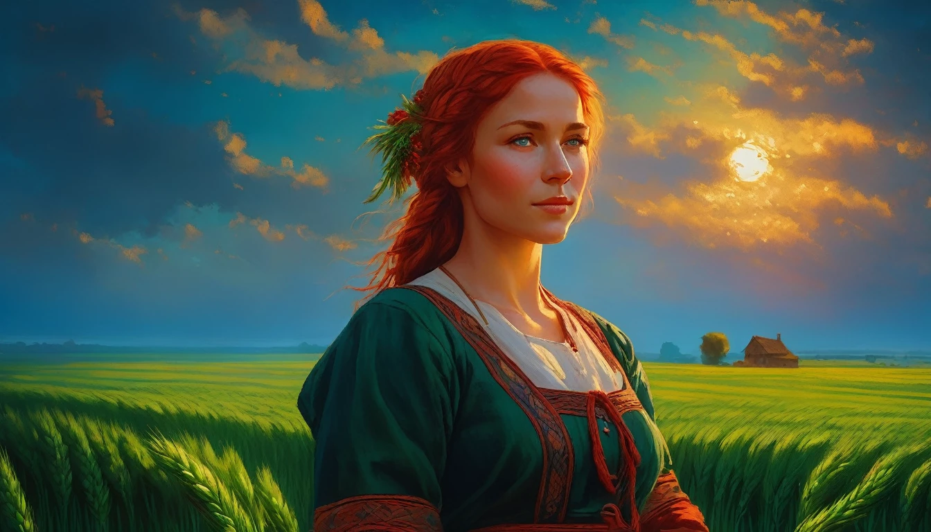 On a spring afternoon, a beautiful peasant woman, reflections of light in her red hair, perfect face, clear green eyes, happy expression, with a sheaf of green wheat in her arms, against the background of a dark blue sky, with many clouds details, with red and gold reflections among the clouds. A dark red sun like a large ball, descending on the horizon and reflecting its light on a green wheat field, a scene of fantastic beauty. high quality, 8k, HDR., centered, symmetry, painted, intricate, volumetric lighting, beautiful, masterpiece of deep rich colors, sharp focus, ultra detailed, in the style of dan mumford and marc simonetti, astrophotography