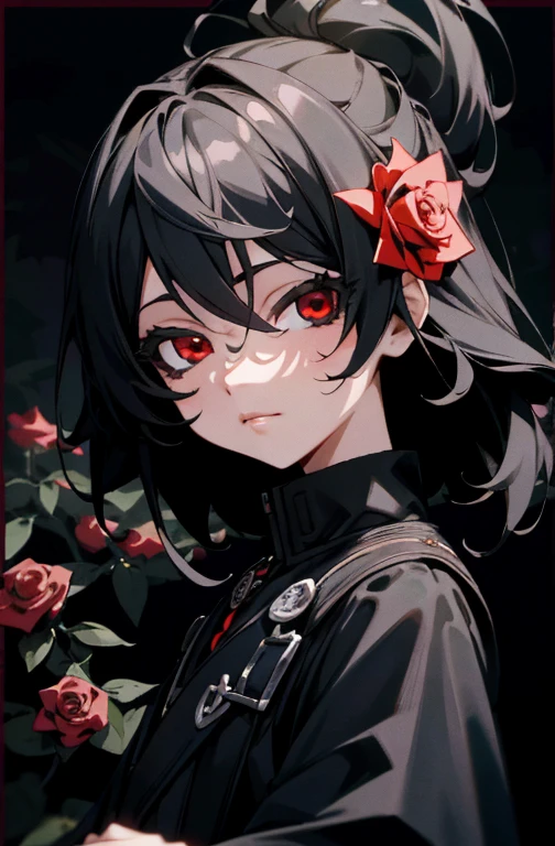 best quality, 4K wallpaper, masterpiece, extremely detailed CG wallpaper unit 8k, extremely detailed red eyes, ultra-detailed, intricate details, jppop art style, 1girl, black hair, looking at viewer, outdoors , black rose garden, full black flowers, flower background,