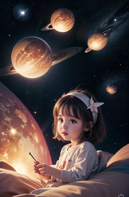 galaxies, rocket, planets, stars children illustration, cute illustration, beautiful digital art, illustrated in whimsical style, children&#39;s illustration, Beautiful features, illustration, illustrations, cozy calm, beautiful digital art detallado