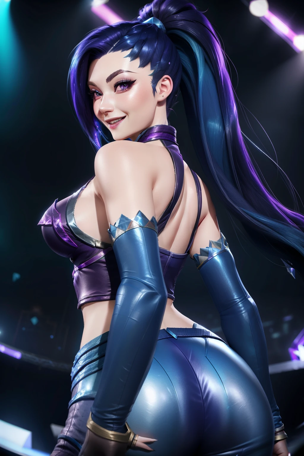 kaisa league of legends, cabelo super longo, olhos azuis, bunda grande, sorridente, em um palco, wide shot, UHD, high quality, high details, best quality, highres, 8k