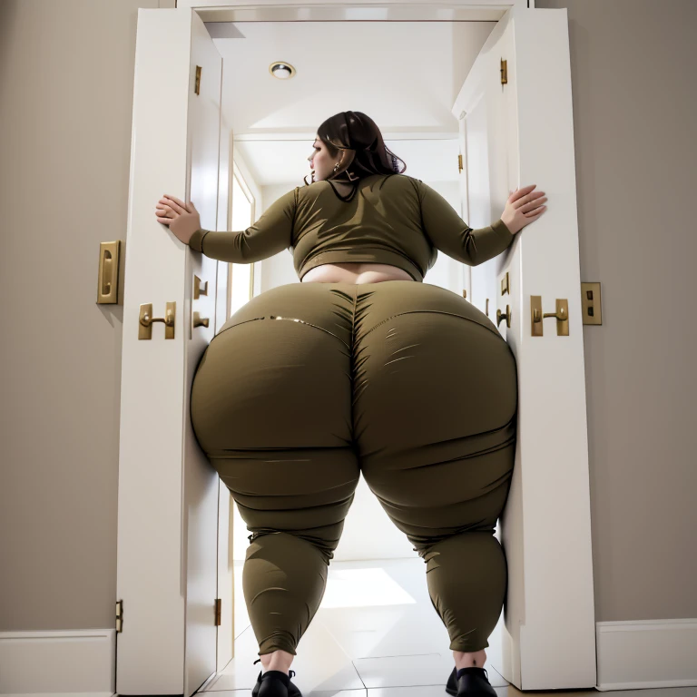masterpiece, 1 british girl behind a doorway, from behind, (doorstuck, stuckback:1.3), ssbbw ,huge wide hips, round belly, thick thighs, giant butt,colorful clothing, wearing a olive green pirate costume with pants, upset, desperately trying to wiggle through, she tries to free herself but she won't budge, she is stuck tight view from above, she is too wide, the doorway is quite narrow too, she kicks her legs furiously, trying to wiggle her hips through the small door, but its no good, the door is too small, she keeps trying to squeeze through with frustration, she is stuck too tight