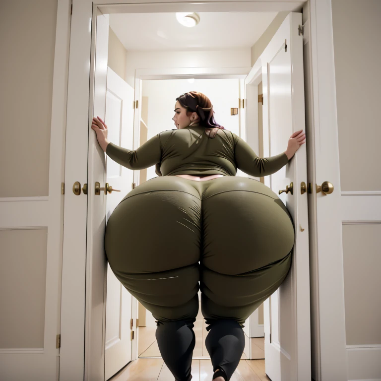 masterpiece, 1 british girl behind a doorway, from behind, (doorstuck, stuckback:1.3), ssbbw ,huge wide hips, round belly, thick thighs, giant butt,colorful clothing, wearing a olive green pirate costume with pants, upset, desperately trying to wiggle through, she tries to free herself but she won't budge, she is stuck tight view from above, she is too wide, the doorway is quite narrow too, she kicks her legs furiously, trying to wiggle her hips through the small door, but its no good, the door is too small, she keeps trying to squeeze through with frustration, she is stuck too tight