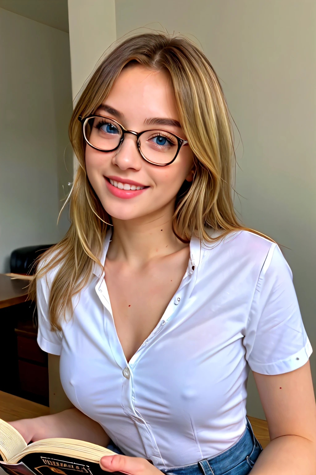 ((Best Quality)), ((masterpiece)), (detailed), 1 girl, Sexy blonde with blue eyes and reading glasses wearing white shirt with happy expression