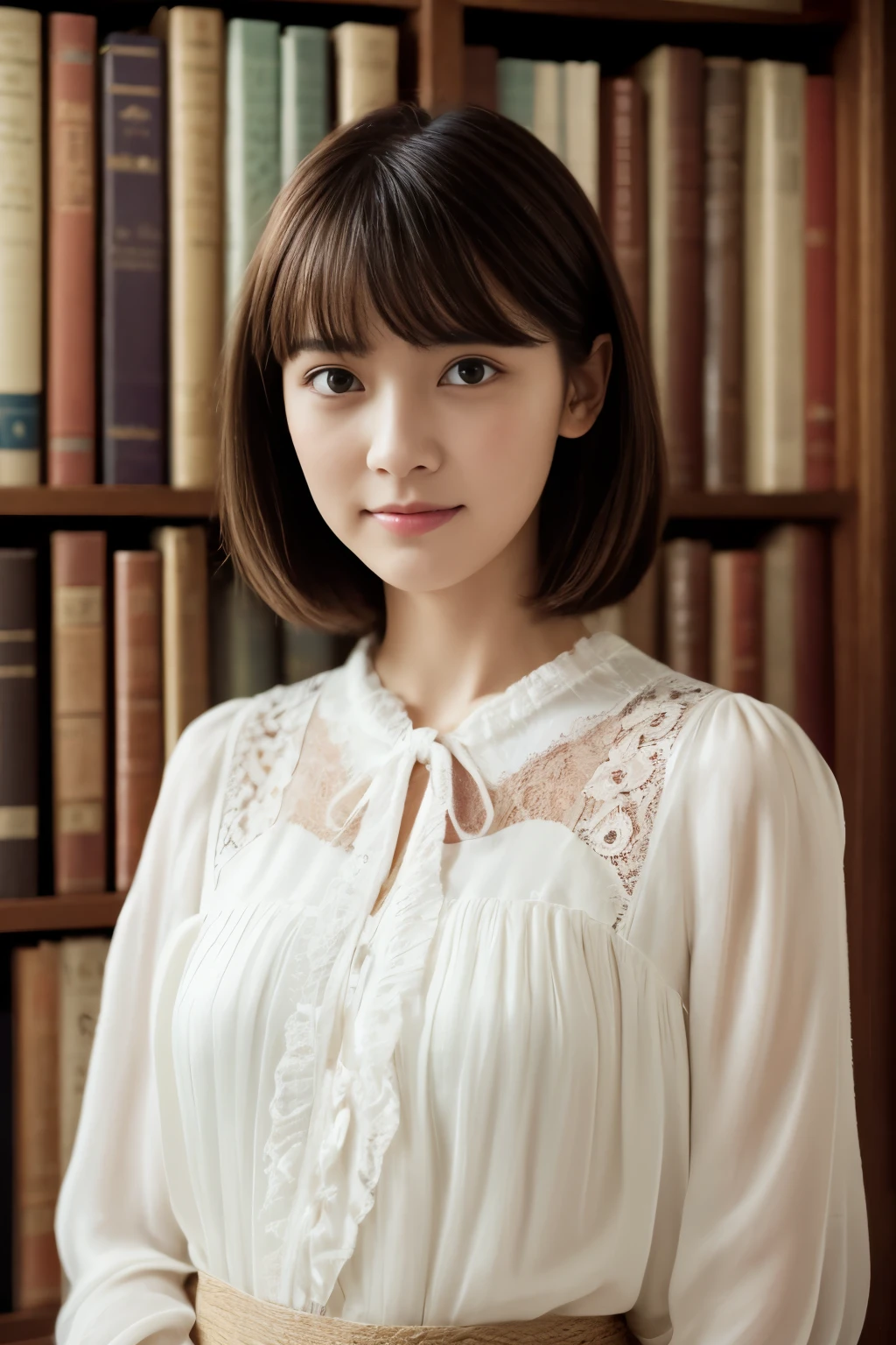 Dressed、(Photorealistic:1.4)、(超Realistic:1.4)、(Realistic:1.3)、(Smooth lighting:1.05)、(Improving the quality of cinema lighting:0.9)、32K、One Girl、Japanese women、Realistic lighting、Backlight、Facial Light、Ray Tracing、(Bright light:1.2)、(Quality improvement:1.4)、(Highest quality realistic textured skin:1.4)、Fine grain、Detailed face、Quality Eyes、Brown eyes、(tired, Sleepy and satisfied: 0.0)、White silk blouse with ruffles and lace and blue floral print、Thin string ribbon ties、Dark brown hair、she is wearing shorts, Bangs cut at the forehead.、Adult woman with a faint smile、Standing in front of a bookshelf in a library