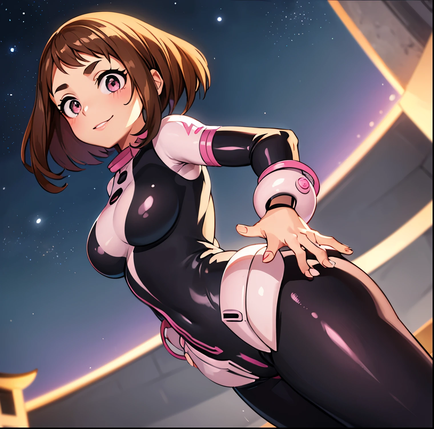 ((1girl)),((alone)),ochako uraraka,(masterpiece), (best quality), (ultra detailed), (best illustration), (best shadow), (absurdities), sharp focus, cowboy shot , dynamic posture looking at the viewer, big breasts, narrow waist, wide hips, wide thighs, round butt, erotic, romantic, (very detailed eyes, lips 1.1), very detailed eyes, eyes, Very detailed face, Very beautiful face, height full, beautiful slim figure, femininity, expressive appearance, elastic big breasts, sexuality, brown eyes, bright lips, brown hair, medium hair, shiny skin,((superhero costume)),(((pink and black bodysuit, tight bodysuit ))), Pink protector, Pink boots, pink wristbands, defined body, Perfect and beautiful body, perfect and beautiful, closed mouth, smile, happy smile, blushing, (sexy pose: 1.2), ((solo)), standing: 1.3, exterior, cityscape, streets, city, night, dark city, city lights, looking back, from behind, ((focus on ass)), point of view: (from below), perfect anatomy, hands perfect