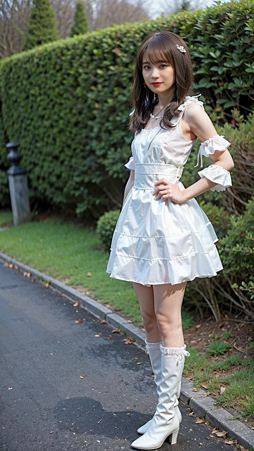 (8k、RAW Photos、Highest quality、masterpiece:1.2)、(Realistic、Realistic)、1 girl、((White Mini Skirt、Light blue dress、See-through、Frilledium Hair、Pretty Cure Costume、See through、tights、ribbon、boots、Accentuate your breasts、whole body、garden、View from the front、Looking into the camera、Stand with hands on hips))、