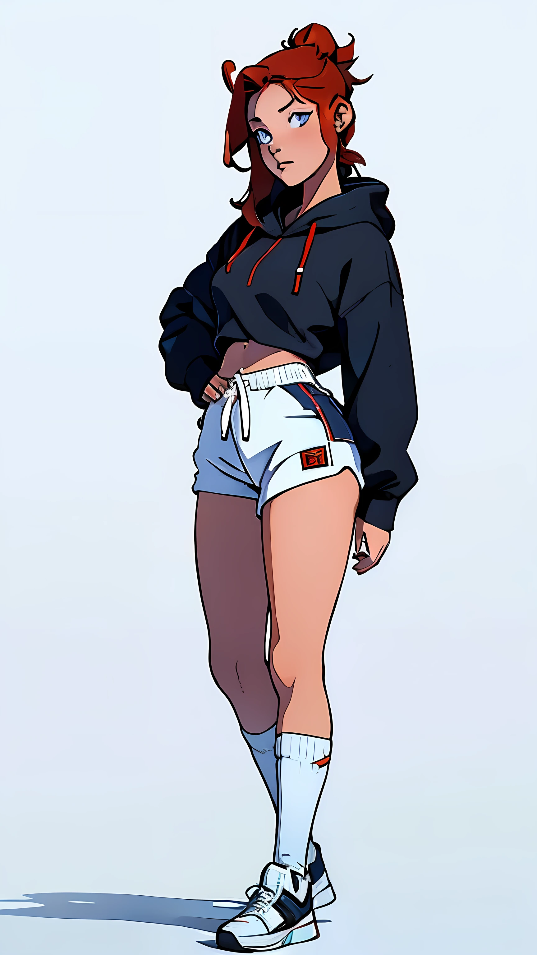 masterpiece, best quality, full body,1girl, highest image quality, 21-year-old woman, looks like Olivia Dunne, bright red hair, blue eyes, wearing a white hoodie and thigh-high black socks, sad, large breasts, White background, empty background