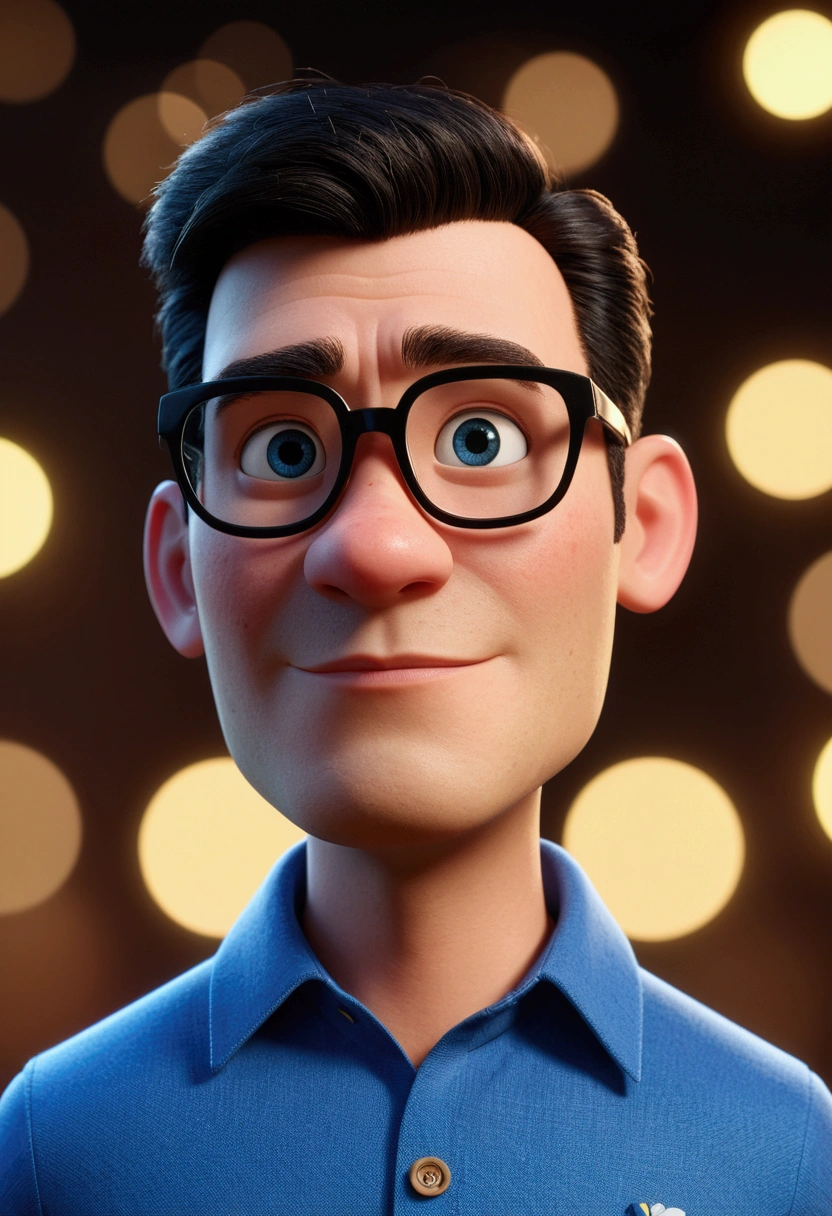 Cartoon character of a man in black glasses and blue shirt, an animated character, stylized character, animation style rendering, 3d stylized, Arnold Maya rendering, Stylized 3D rendering, toon render screenshot, 3d character, 3d character, Stylized 3D rendering, 3D character rendering, cartoon character, Personagem de close up, character posing, (Pixar-style) (master part:1.2) (bokeh) (best qualityer) (skin detailed) (detailed texture) (8k) (Argilla) (cinematic lighting) (sharp focus，Sit down and lift your upper body