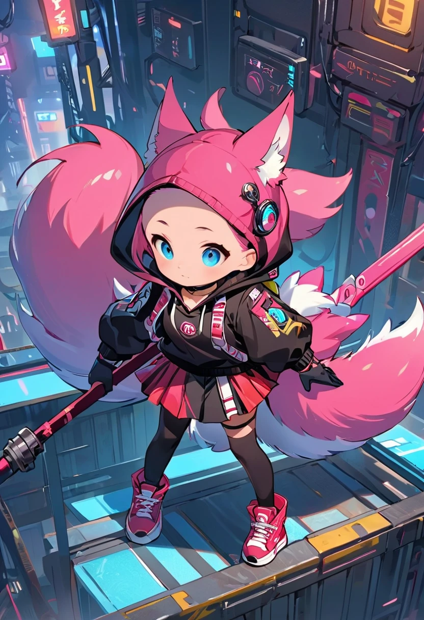 Oh, league of legend, sexy for, wallpapers, detailed eyes, fox ear, (fox tails), a skirt, (long pink fur), medium breasts, Looking at_Shown in_Looking atl espectador, short_hair, gloves, belly button, fail, blue_there are eyes, Eternal, full_body, weapon, Footwear, necklaces, negro_gloves, pulp, hooded, hair_overcome_Yoon_there are eyes, Cultivator_above, hoodie, negro_pants, sneakers, Cut_jacket, cyber punk character, Cut_hoodie