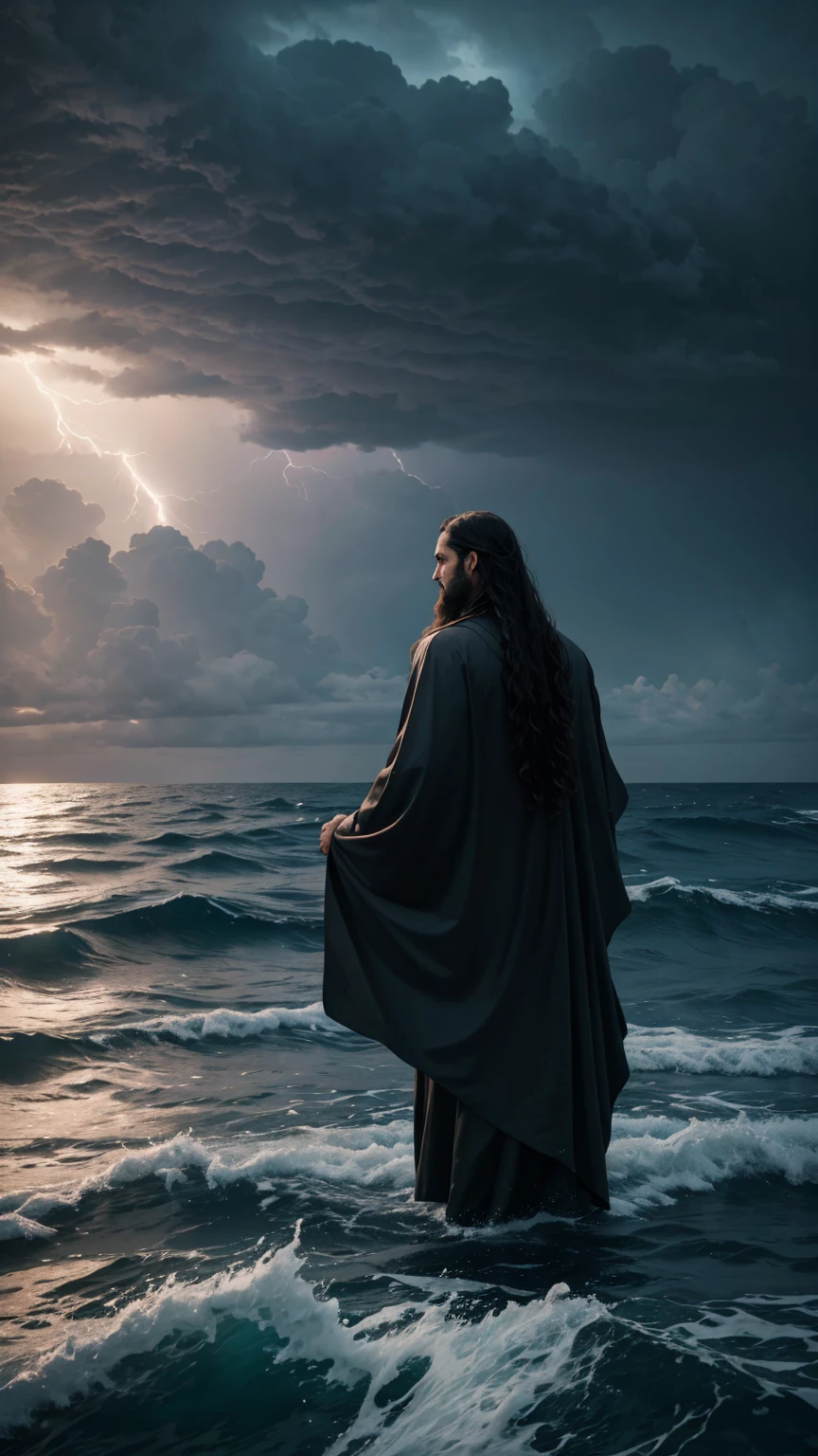 A pious man with long hair stands on the waves of the ocean with both hands raised. The sky is covered with dark clouds. Back view.
Hyper-realistic photography, gentle soft natural lightning, real photo,Cinematic style,realistic environment,low contrast, 32k resolution , highly detailed, realistic dress. Ultrarealistic water, hills