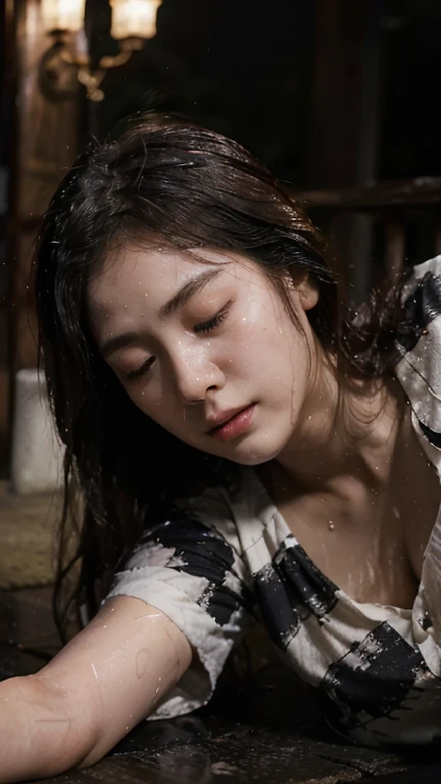(8K)、(highest quality: 1.2)、(Real)、(Real: 1.4)、Ultra-high resolution、horror film、Dark world、Japan Edo Period、Japan in the 1700s、An 17-year-old girl in a kimono lying face-up on the ground、close her eyes, 24-year-old daughter in pain、It gets dark like a storm is about to break out、A scene sleeping, ((close her eyes)), her body wet with foam