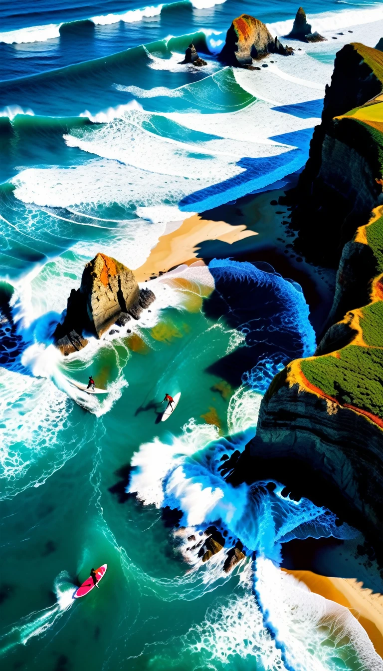 realistic photography, a panoramic aerial view of a group of surfers on an ocean in australian coastline, big waves, (best quality,4k,8k,highres,masterpiece:1.2),ultra-detailed,(realistic,photorealistic,photo-realistic:1.37),dramatic lighting,vivid colors,cinematic composition,epic scale, made by dslr