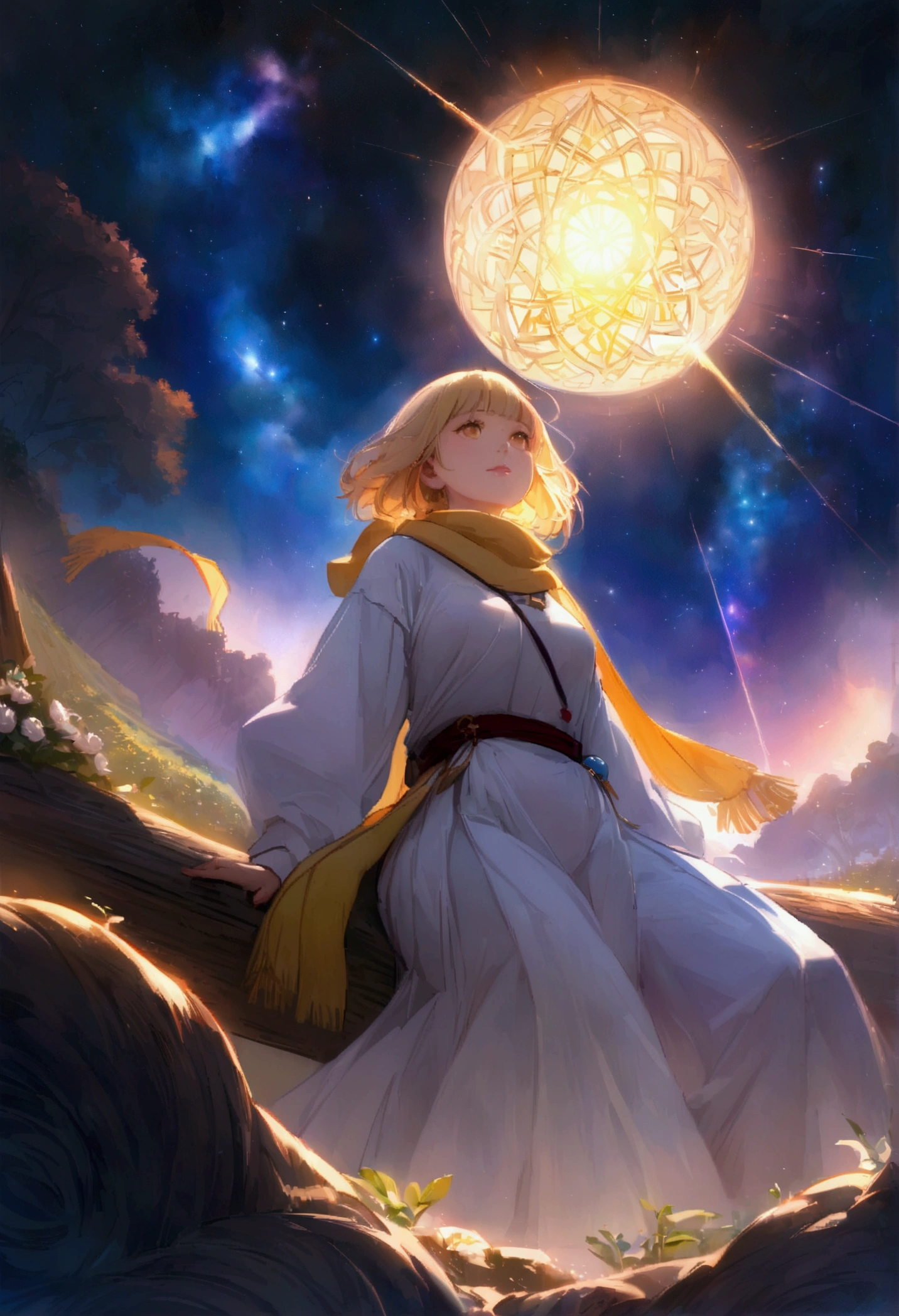 The Door of Destiny,The Door of Destinyが目の前に立ちはだかる,The Door of Destinyが真正面に立つ,Temporal and spatial dimensions,god々finally, The ant branch disappeared.,She is truly eternal,End all domination,There is no perfect concept, High-level virtual dream,The laws of the universe are wonderful,Beyond,Beyond次元,The Rise of Yin and Yang, At the bottom of the eternal abyss,He is the true king,全てをBeyondする崇高なgod性,10 True Masters,000 ways,close, Vast landscape photography , (View from below, Sky above、The fields below), Wearing a long sweatshirt and a yellow scarf、Sitting on the trunk of a yellow peony flower field, looking up、Realistic 9 year old blonde girl, ( comet:0.9), (nebula:1.2), Remote Marsh, Tree of Life, BREAK Production Art, (Warm light source:1.2), lamp, Lots of purple and orange, Intricate details, Volumetric lighting, Realism Break (masterpiece:1.2), (Highest quality), 4K, Very detailedな, (moving composition:1.3), Very detailed, (Shining Light, Atmospheric lighting), dream-like, magic, (alone:1.2), magic beautiful waterfall