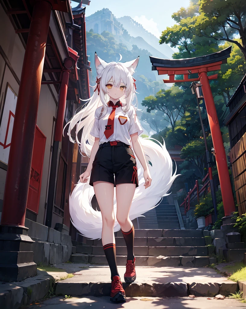 1NekoGirl, neko ears, white hair, yellow eyes, fox tail, black shorts, red ribbon on hair, intricate shirt, red necktie, Climbing the stairs of the path with the red torii on the mountain. Portrait. Anime style. Hdr, 4k, scenery masterpiece.