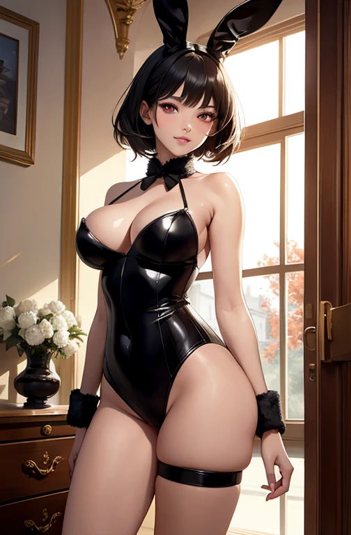 masterpiece, best quality, best lighting, shadows, portrait, perfect anatomy, bitchy, 1 girl, adult anime girl, 21 years old, bunny girl, bunny uniform, allure, erotic, mature features, pretty face, pretty lips, pretty eyes, black short hair, red eyes, seductive eyes, blushing, flirty, pretty smile, huge ass, breast, thighs, seductive, spicy, hot, flirty, nsfw,