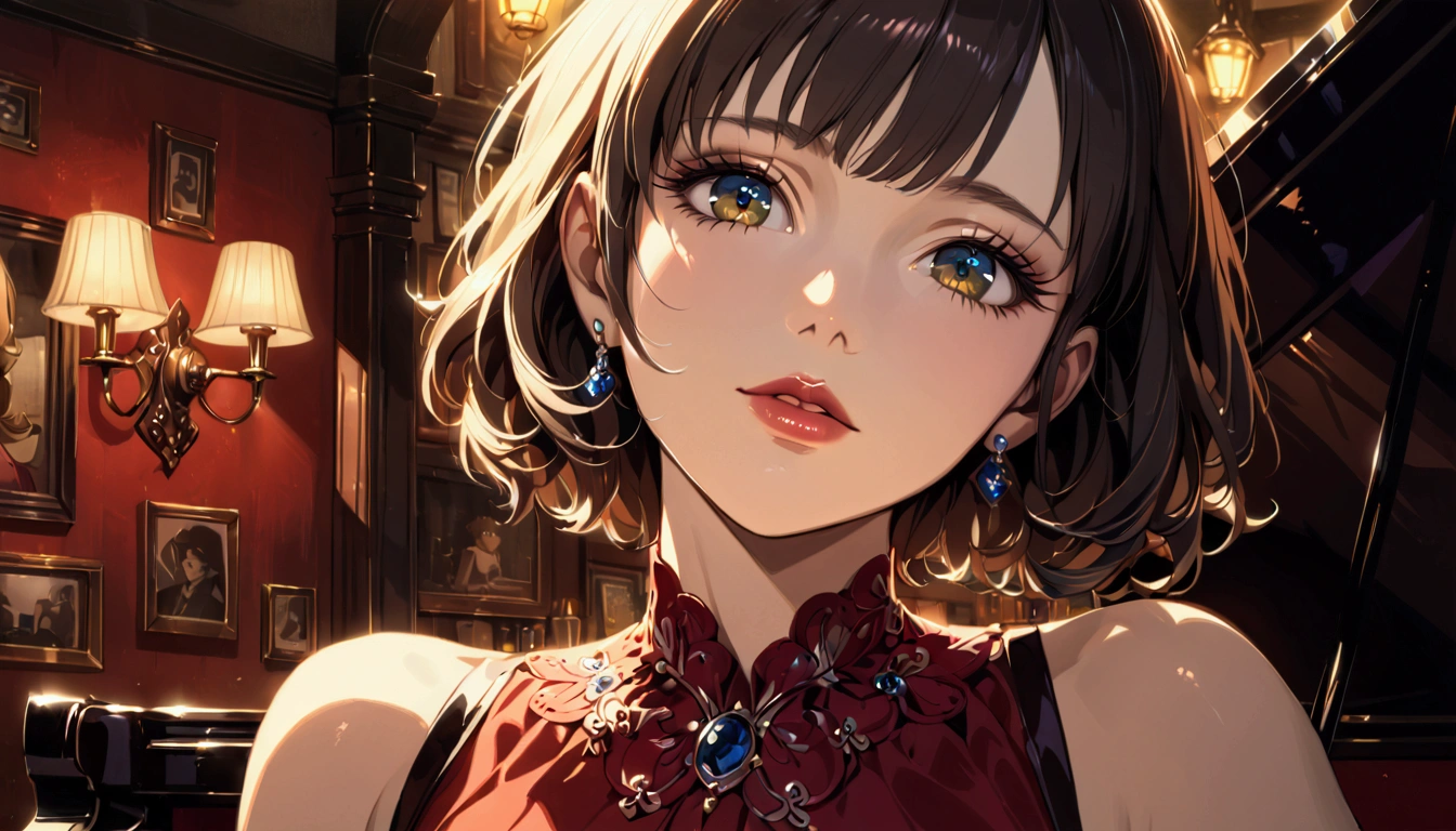 a beautiful woman singing at an irish pub, leaning on a grand piano in a sexy dress, short hair, ghibli-like art style, detailed portrait, beautiful detailed eyes, beautiful detailed lips, extremely detailed eyes and face, long eyelashes, chiaroscuro lighting, dramatic lighting, warm color palette, high quality, 8k, photorealistic, masterpiece, cinematic, dramatic