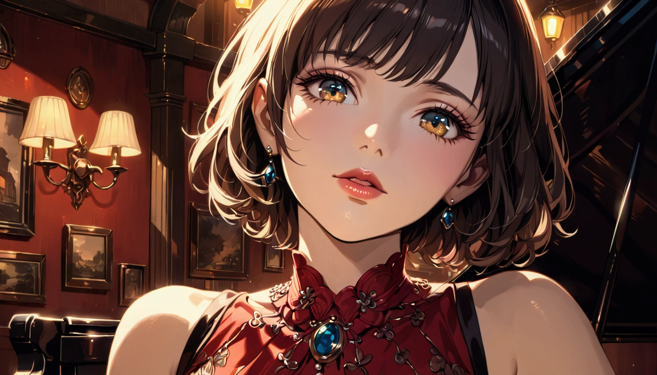 a beautiful woman singing at an irish pub, leaning on a grand piano in a sexy dress, short hair, ghibli-like art style, detailed portrait, beautiful detailed eyes, beautiful detailed lips, extremely detailed eyes and face, long eyelashes, chiaroscuro lighting, dramatic lighting, warm color palette, high quality, 8k, photorealistic, masterpiece, cinematic, dramatic